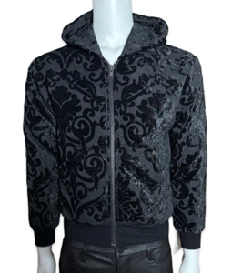 SHRINE Unisex Goth Gothic Rocker Zipper Black Velvet Brocade Hoodie Jacket - Picture 1 of 5