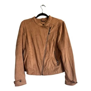 Odyn Faux Suede Tan Fall Winter Chic Asymmetrical Full Zip Jacket Woman's Size M - Picture 1 of 5