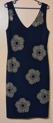 Joseph Ribkoff Dress Midnight Blue Style 181004 Gold Studs Sparkles New Size 12 - Image 1 of 4