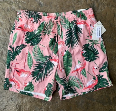 NUEVO Bañador Corto Rosa Estampado Flamenco 6” Tropical Palma Antiguo Azul Marino Para Hombre L Foto 1 de 4