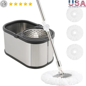 Stainless Steel Spin Mop Bucket Cleaning System W/ Microfiber Heads 360° Wringer - Picture 1 of 6