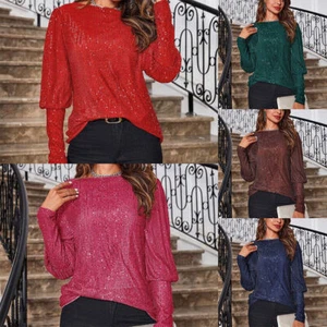 Women's Sequin Long Sleeve Round Neck Top Sparkly Blouse Christmas Shirt - Picture 1 of 36