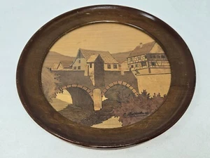 VTG GERMAN TOWN MARQUETRY INLAY WOOD ART SIGNED JOSEPH AUFDERBRUCK WALL PLATE - Picture 1 of 6