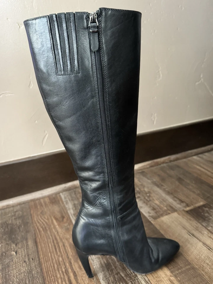 Botas hasta la rodilla Via Spiga Carmina de cuero negro punta de aguja talla 6 Foto 1 de 4