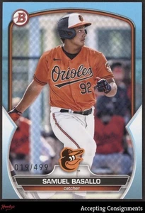 2023 Bowman Draft Sky Blue #BD179 Samuel Basallo ROOKIE 019/499 ORIOLES - Picture 1 of 2