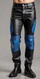 Men's Real Cowhide Leather Black & Blue Biker quilted Pant Stylish Slim Fit Pant - Picture 1 of 3