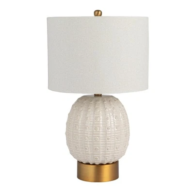 Stoneware Globe Table Lamp with Cream Crackle Glaze and Natural Linen Shade - Image 1 of 4