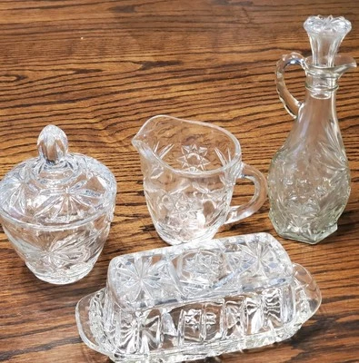 Set Of Vtg Anchor Hocking Prescut Creamer Lidded Sugar Butter Vinegar/Oil Cruet - Image 1 of 4