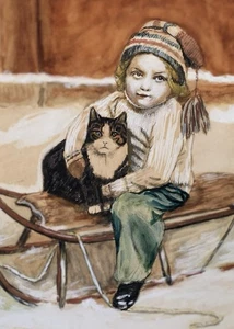Antikes viktorianisches Original Gemälde Portrait kleines Mädchen Kind mit Katze auf Ales - Bild 1 von 5