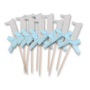10 pcs Number One 1st  Silver Glitter Paper Cake Cupcake Topper Blue Ribbon Baby - Picture 1 of 3