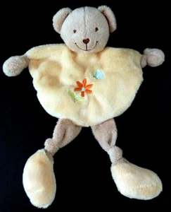 *. DOUDOU PLAT ARRONDI TEX CARREFOUR OURS JAUNE BEIGE MARRON FLEUR NEUF* - Imagen 1 de 3