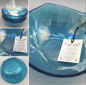 4 AKCAM Turkish Blue Iridescent Glass STARFISH Bowl Set Dessert Candy Dish Ocean