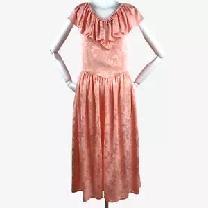 Vestido de Té Vintage Años 80 Cáscara Rosa Floral Damasco Escote con Volantes Abierto Corbata Espalda Abierta R - Imagen 1 de 12