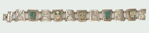 PULSERA AZTECA MAYA MEXICANA CHAPADA EN ORO, MALAQUITA Y PLATA ESTERLINA DE COLECCIÓN 6.75" - Imagen 1 de 7