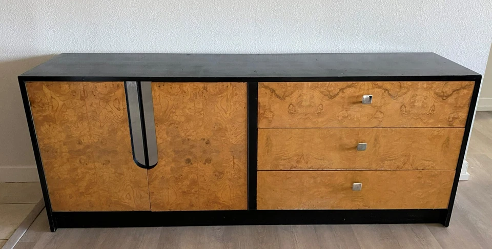 Madera de burl Credenza estilo Milo Baughman vintage años 70 Foto 1 de 4
