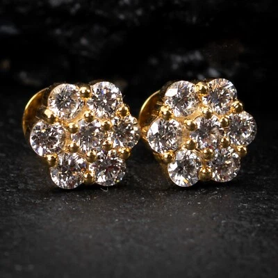 Moissanite Pointer Flower Cluster Yellow Gold Sterling Silver Men Stud Earrings - Image 1 of 4