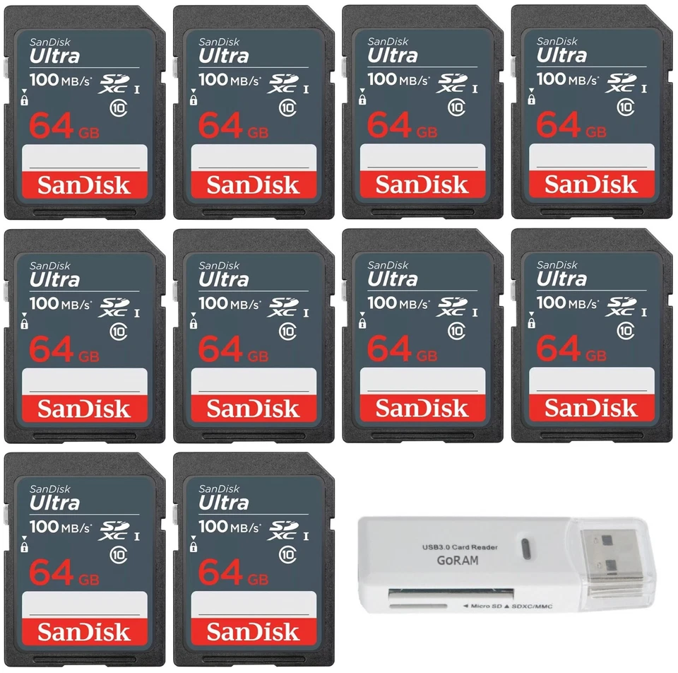 10 x SanDisk 64GB Ultra 100MB/s SDHC SDXC SDSDUNR-064G Flash Memory Camera Card - Image 1 of 3