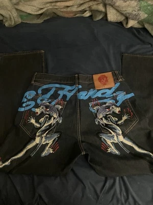Vintage Ed Hardy Blue Panther Embroidered Baggy Wide Leg Jeans 2009 - Image 1 of 4