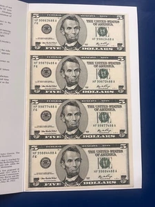 2006 $5 Five Dollar BEP UNCUT Sheet of 4 Federal Reserve Notes - Picture 1 of 6