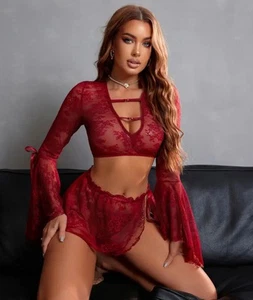 Women’s Large 3-piece Sexy Lingerie Lace Dark Red Skirt Top Thong - Picture 1 of 4