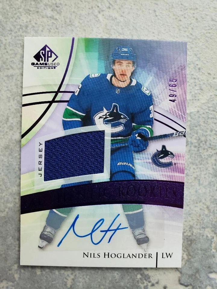 2020-21 Upper Deck SP Game Used Purple Jersey /65 Nils Hoglander Rookie Auto RC - Image 1 of 1