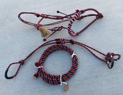 NELIDAS SOUTHERN IMPORTS Red CHARRO CABRESTO BOSALILLO, COTTON HANDMADE CHARRO BOSAL REINS SET