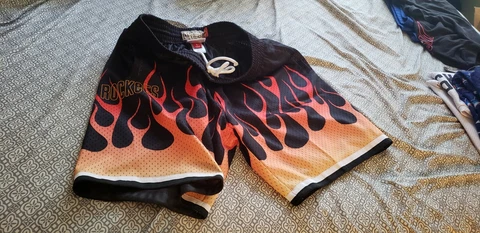 100% Authentic Mitchell & Ness Houston Rockets 93/94 Flames SWINGMAN Shorts Sz L Cover