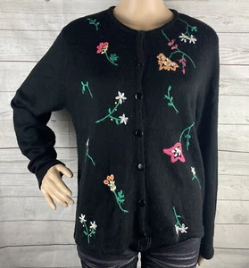 BFA Classics Cardigan Sweater Petite Large Black Colorful Floral Embroidery Knit - Picture 1 of 12