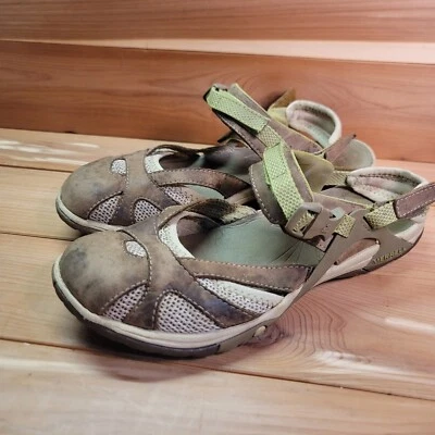 Sandalias planas Merrell para mujer 8 Otter Mary Jane J24504 beige cuero gancho y lazo Foto 1 de 4