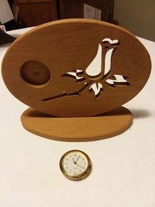 Wooden Clock On Stand w Carved Rose 6" H x 6 3/4" L x 3 1/2" W Works Great - Picture 1 of 6