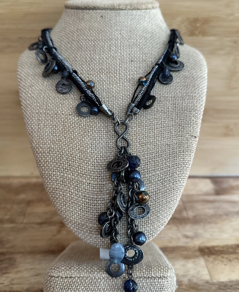 Corrente de contas Coldwater Creek Y gota frisada metal pendurada preta com fio 18-20” - Imagem 1 de 4