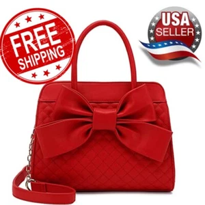 Women Handbag Leather Messenger Shoulder Purse with Bow Satchel Red Top Handbags - Picture 1 of 7