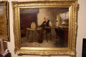 Oil on canvas G J Barnes signed 1864 to 1890 the clockmaker new gilt frame - Picture 1 of 9