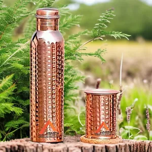 100% Pure Copper Water Bottle with Tumbler Handmade For Health Benefits Lid 1L - Picture 1 of 4