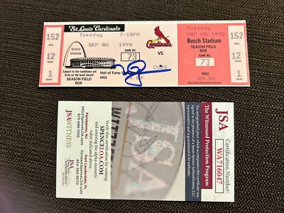 62 Hr Auto JSA witness Mark McGwire Signed 1998 St Louis Cardinals Ticket - Image 1 of 3