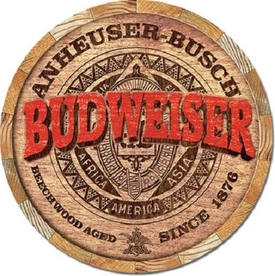 Anheuser Busch Budweiser Bud Barrel End Retro Made USA 12" Round Metal Tin Sign - Image 1 of 4