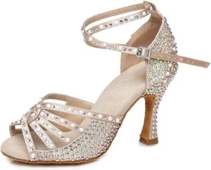 JUODVMP Women's Latin Dance Shoes Rhinestones Satin 7, L430-nude-3" Heel - Picture 1 of 7