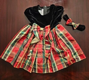 BONNIE BABY 3-TEILIGES KLEID SAMT & ROT SCHWARZ GOLD KARIERT WEIHNACHTEN WINTER GRÖSSE 18 MO - Bild 1 von 8