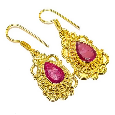 Pendiente antiguo enchapado en oro amarillo de 18k con piedras preciosas de rubí (simulado) 1,76" E7-416 Foto 1 de 3