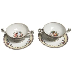 2 Vtg 1930s Victoria Czech DORSET Double Handle Cup Saucer Sets Portrait In Bowl - Picture 1 of 14