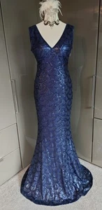 Quiz Navy Blue Art Deco Scallop Sequin Long Evening Dress 14 Formal Cruise Prom - Picture 1 of 17