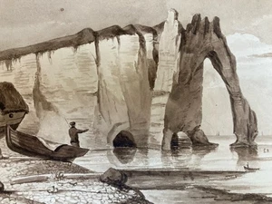 Sehr schöne Zeichnung 19. Jh. 1820 Tinte Lavis Klippen Etretat Le Havre Kunst Fischer - Bild 1 von 9