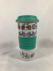 World Market Bicycles Ceramic Travel Tumbler Teal Rubber Lid And Removable Grip - Picture 1 of 20