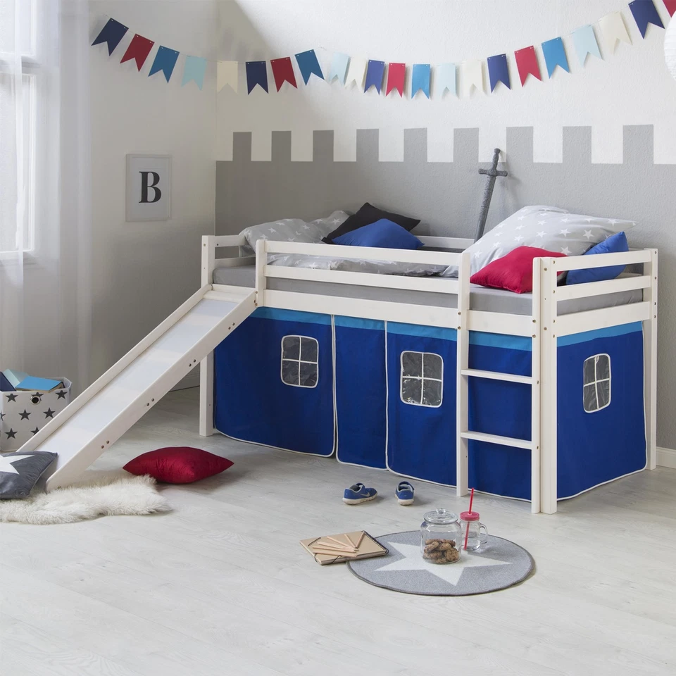 Lit mezzanine enfant 90x200 pin massif blanc avec toboggan rideau Homestyle4u - Photo 1/4