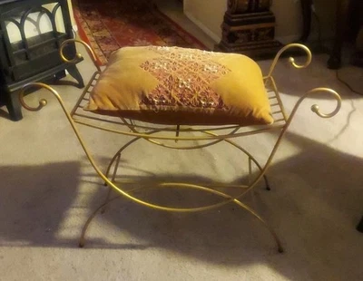 Vintage Hollywood Regency Gold Metal Vanity Stool Bench Boudoir Art Deco MCM - Image 1 of 4