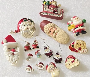 Vintage Merry Christmas All Santa's Brooches More Holiday Jewelry Lot - Picture 1 of 6