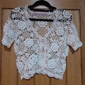 Hand Made Short Sleeved Elegant White Lace Bolero Siz 10 - Handmade - Button Up - Picture 1 of 6