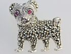 Pug Dog Brooch Ruby Eyes Marcasite Encrusted Stone Body Vintage Style Silver