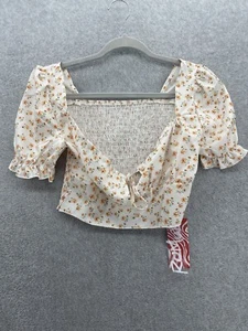 Romwe Women's Smocked Blouse Puff Sleeve Cropped Size Small 4 Floral Yellow - Picture 1 of 15