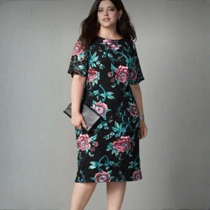 Eliza J Womens Dress 22W Short Sleeve Floral Lace Embroidered Black Green Pink - Picture 1 of 12